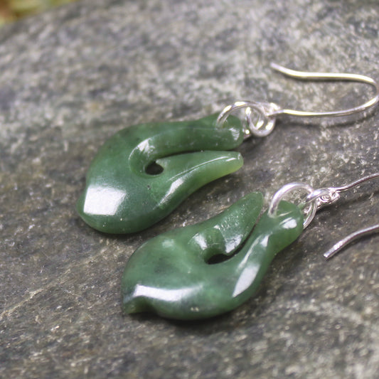 Matau or Fish Hook Earrings carved from Hapopo Pounamu - NZ Greenstone