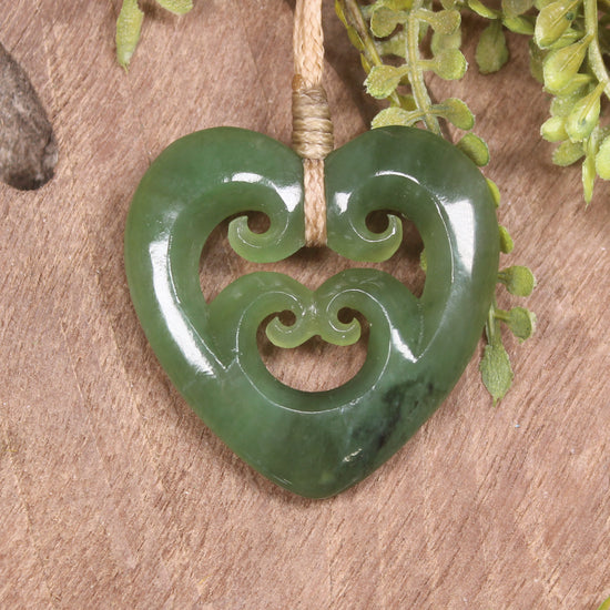 Heart with Koru carved from Hapopo Pounamu - NZ Greenstone