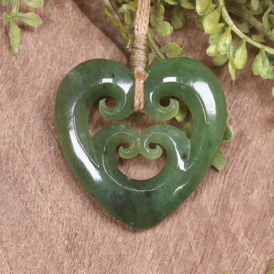 Heart with Koru carved from Hapopo Pounamu - NZ Greenstone