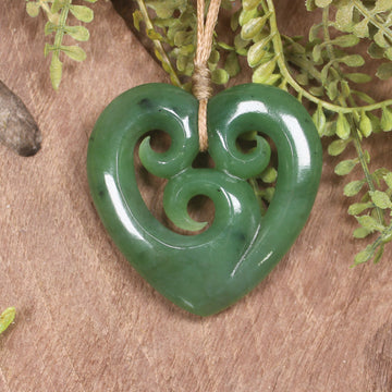 Heart with Koru carved from Hapopo Pounamu - NZ Greenstone