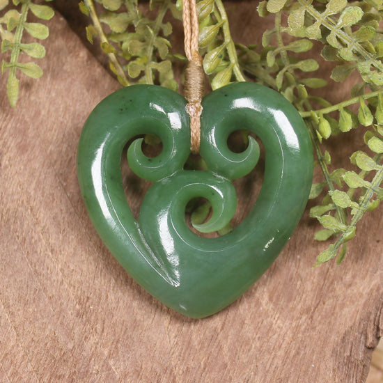 Heart with Koru carved from Hapopo Pounamu - NZ Greenstone