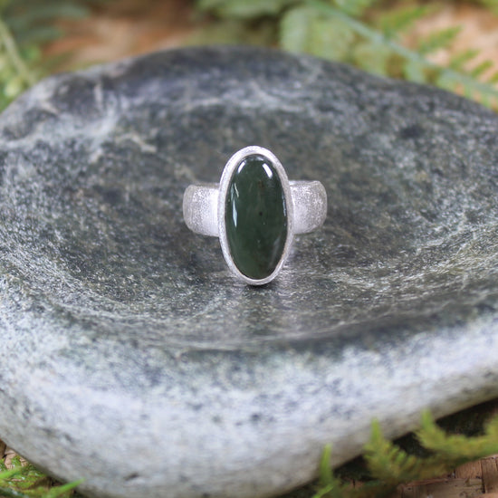 Sterling Silver Kawakawa Pounamu Ring - NZ Greenstone