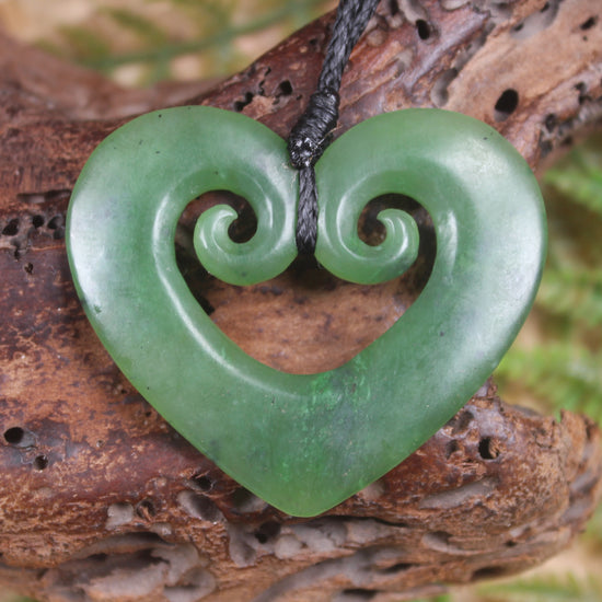 Heart with Koru carved from Hapopo Pounamu - NZ Greenstone