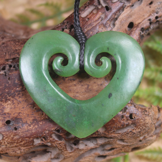 Heart with Koru carved from Hapopo Pounamu - NZ Greenstone