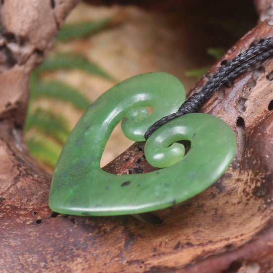Heart with Koru carved from Hapopo Pounamu - NZ Greenstone