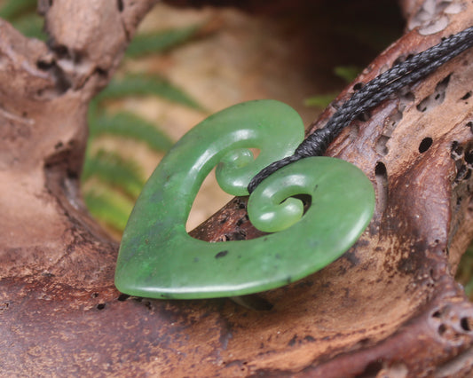 Heart with Koru carved from Hapopo Pounamu - NZ Greenstone