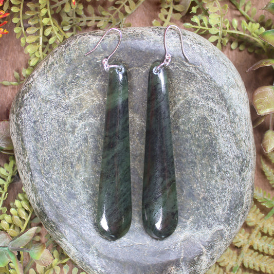 Roimata or Teardrop earrings carved from Rimu Pounamu - NZ Greenstone