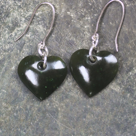 Heart Earrings carved from Kawakawa Pounamu - NZ Greenstone
