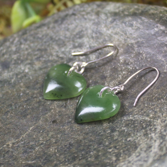 Heart Earrings carved from Hapopo Pounamu - NZ Greenstone