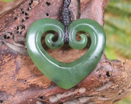 Koru Heart pendant carved from Hapopo Pounamu - NZ Greenstone