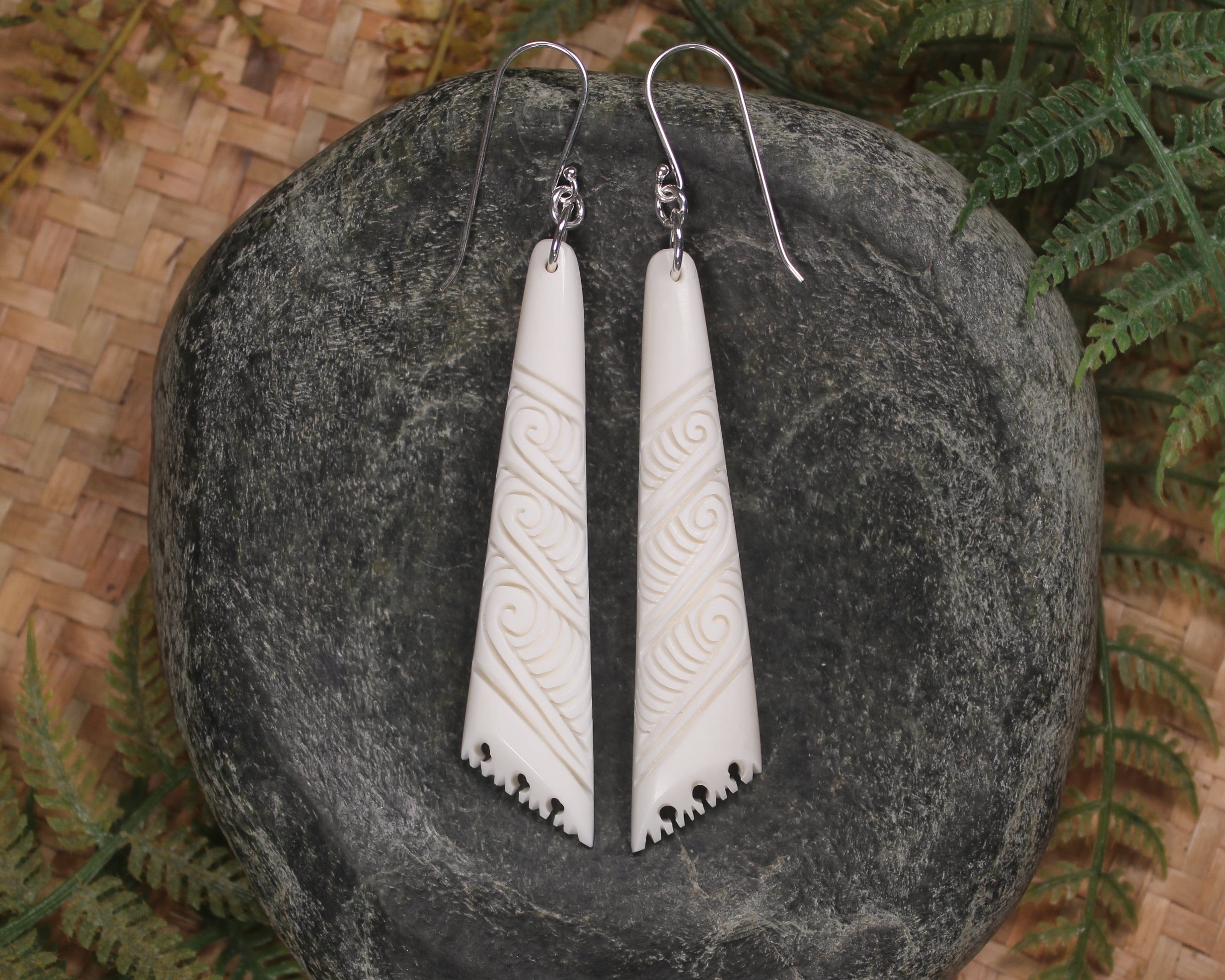 Roimata earrings carved from NZ Beef Bone