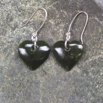 Heart Earrings carved from Kawakawa Pounamu - NZ Greenstone