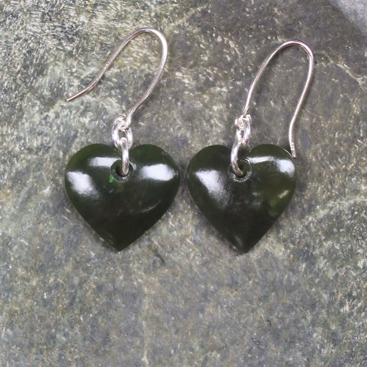 Heart Earrings carved from Kawakawa Pounamu - NZ Greenstone