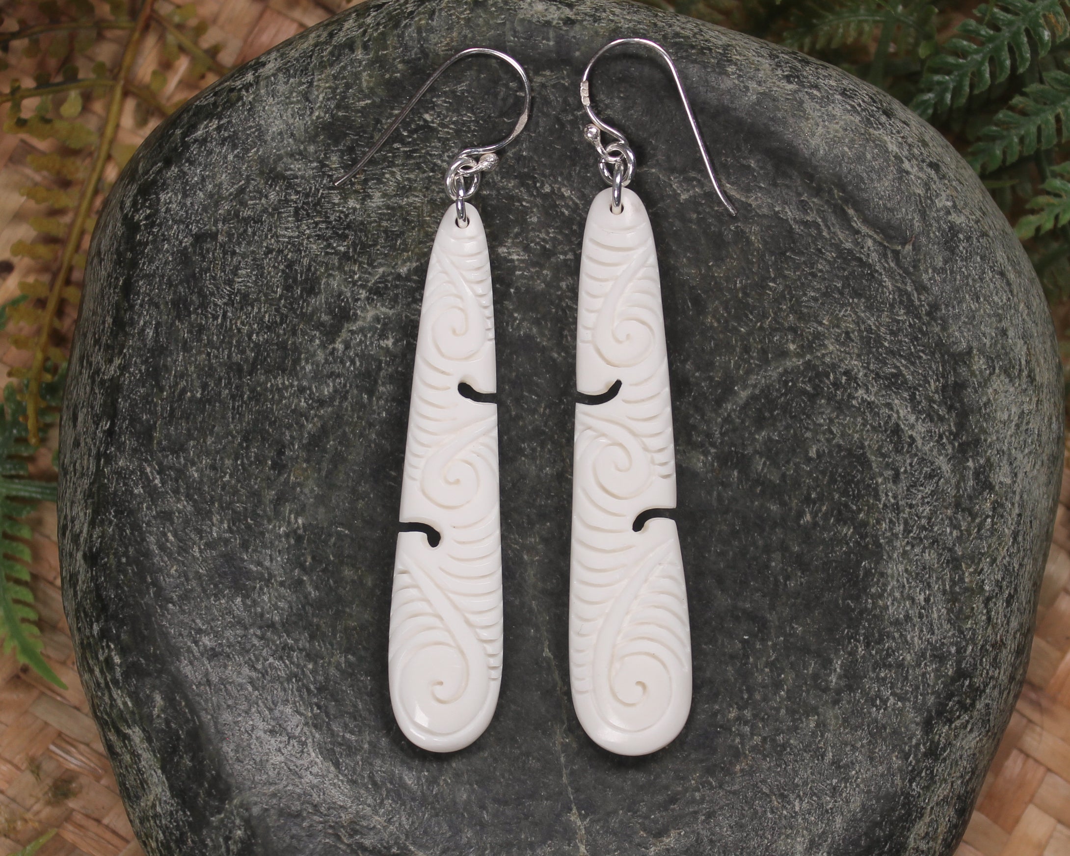 Roimata with Koru earrings carved from NZ Beef Bone