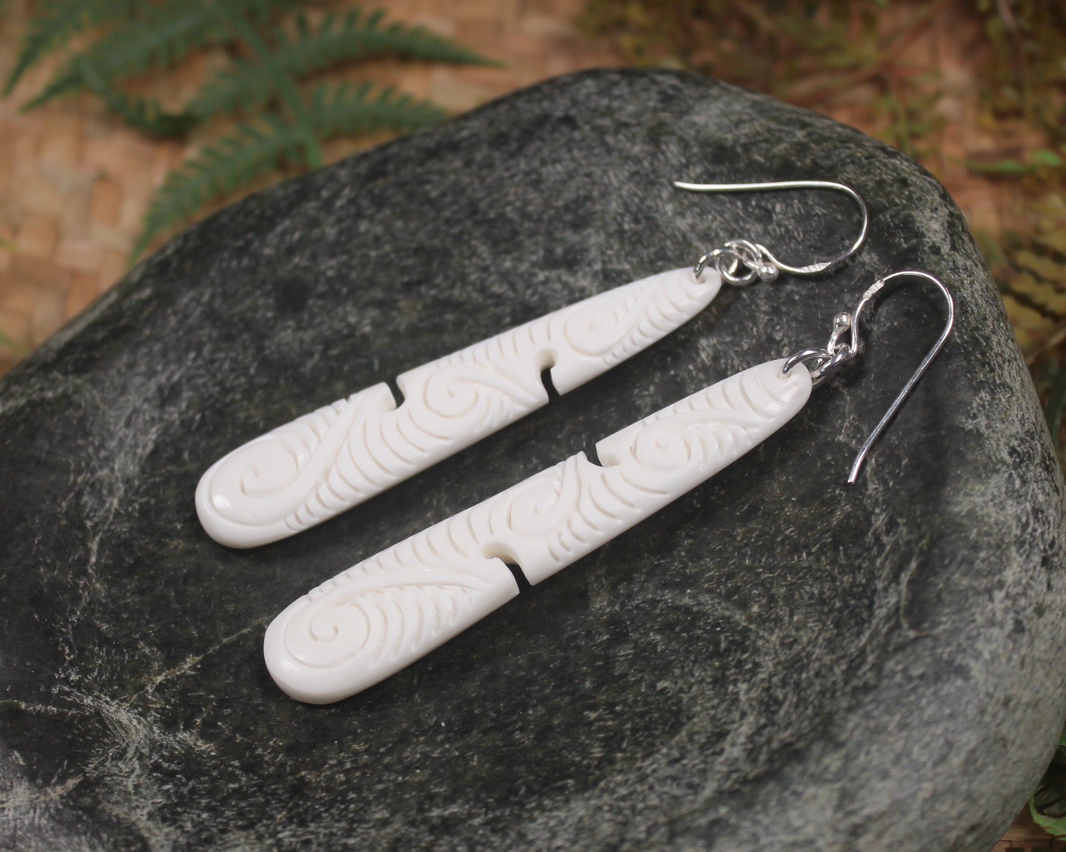 Roimata with Koru earrings carved from NZ Beef Bone