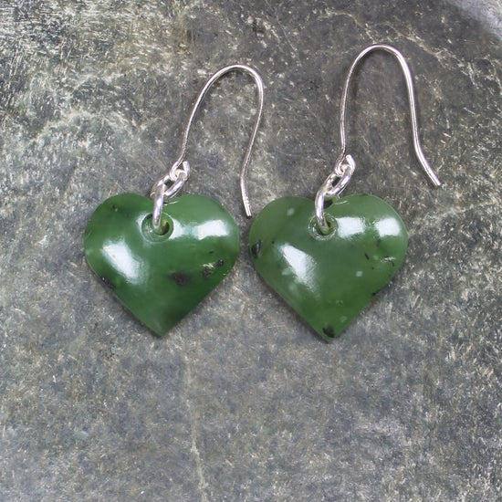 Heart Earrings carved from Hapopo Pounamu - NZ Greenstone