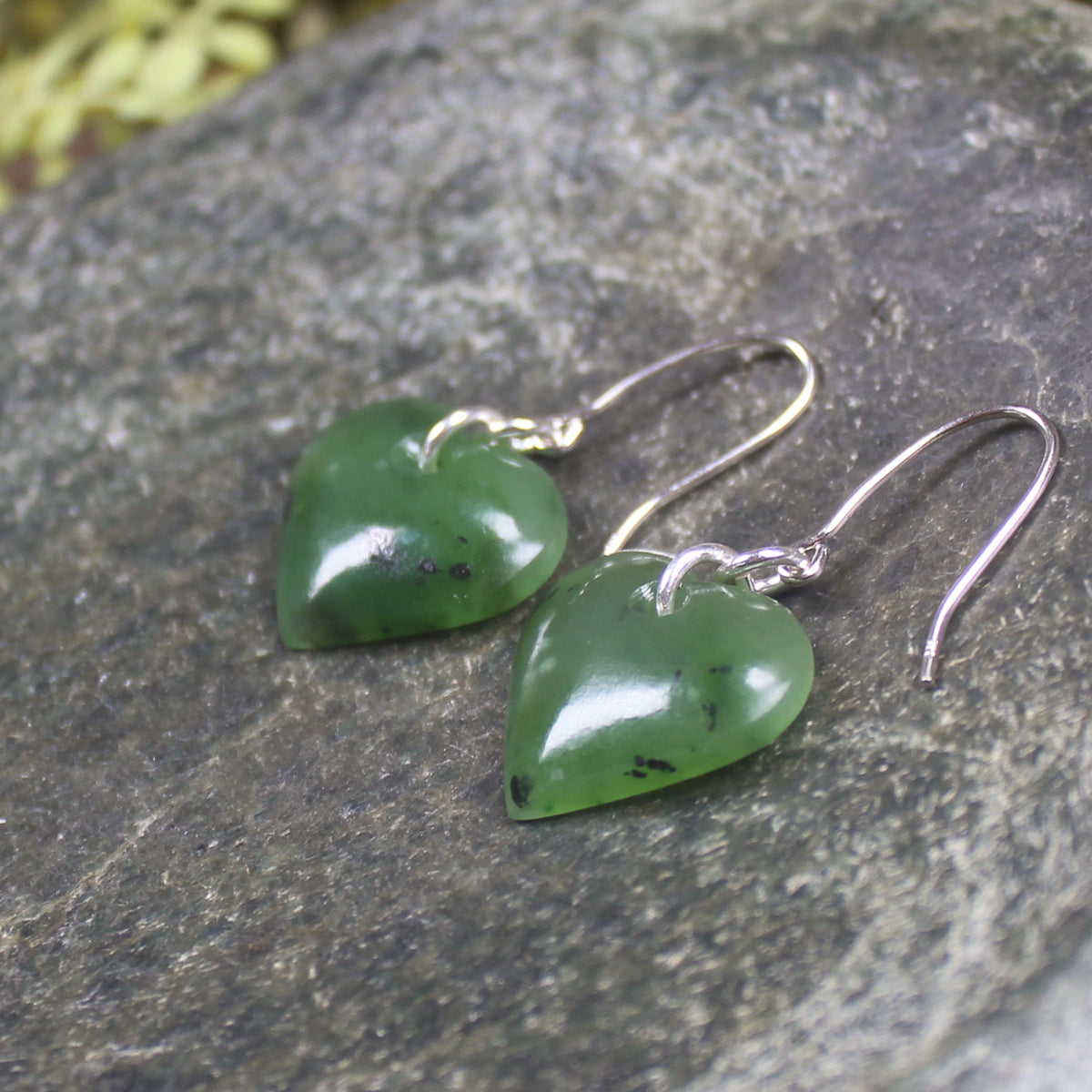 Heart Earrings carved from Hapopo Pounamu - NZ Greenstone
