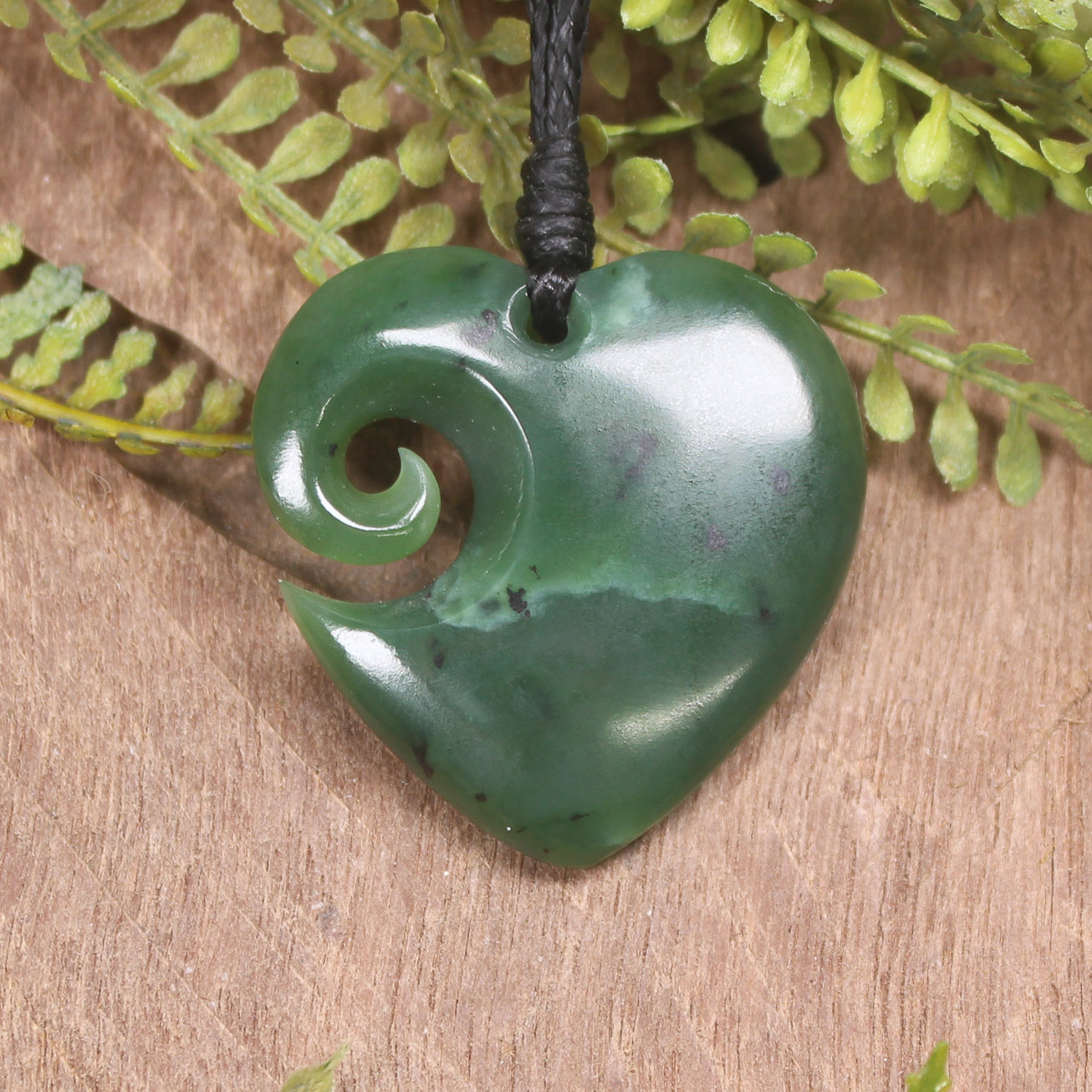 Heart with Koru carved from Hapopo Pounamu - NZ Greenstone