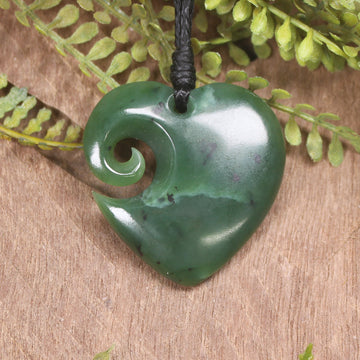 Heart with Koru carved from Hapopo Pounamu - NZ Greenstone