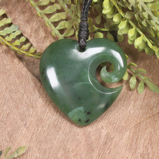 Heart with Koru carved from Hapopo Pounamu - NZ Greenstone