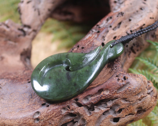Hei Matau carved from Rimu Pounamu - NZ Greenstone