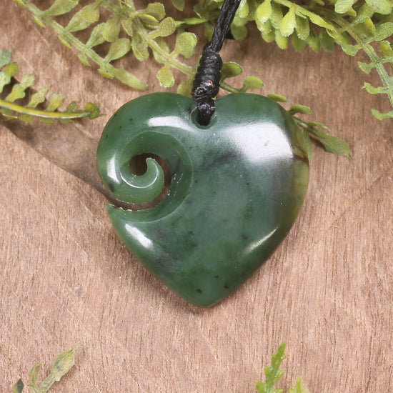 Heart with Koru carved from Flower Jade Pounamu - NZ Greenstone