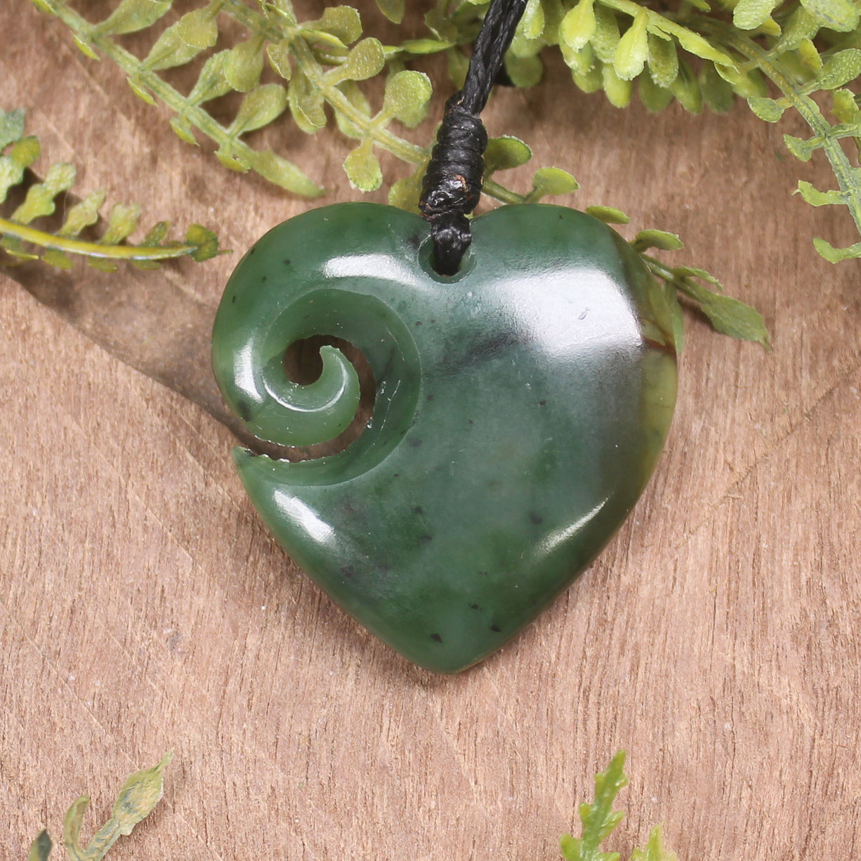 Heart with Koru carved from Flower Jade Pounamu - NZ Greenstone