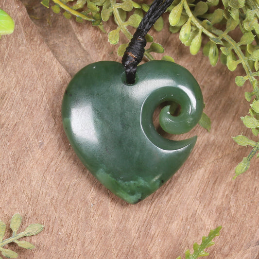Heart with Koru carved from Hapopo Pounamu - NZ Greenstone