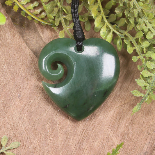 Heart with Koru carved from Hapopo Pounamu - NZ Greenstone