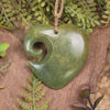 Heart with Koru carved from Flower Jade Pounamu - NZ Greenstone