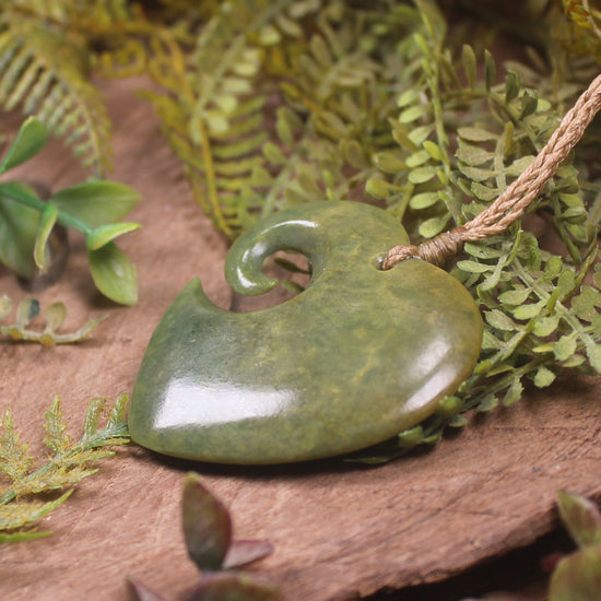 Heart with Koru carved from Flower Jade Pounamu - NZ Greenstone