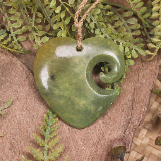 Heart with Koru carved from Flower Jade Pounamu - NZ Greenstone
