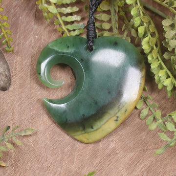 Heart with Koru carved from Flower Jade Pounamu - NZ Greenstone