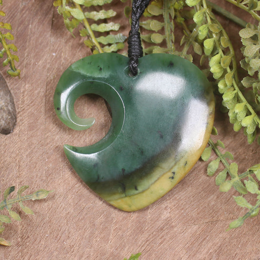Heart with Koru carved from Flower Jade Pounamu - NZ Greenstone