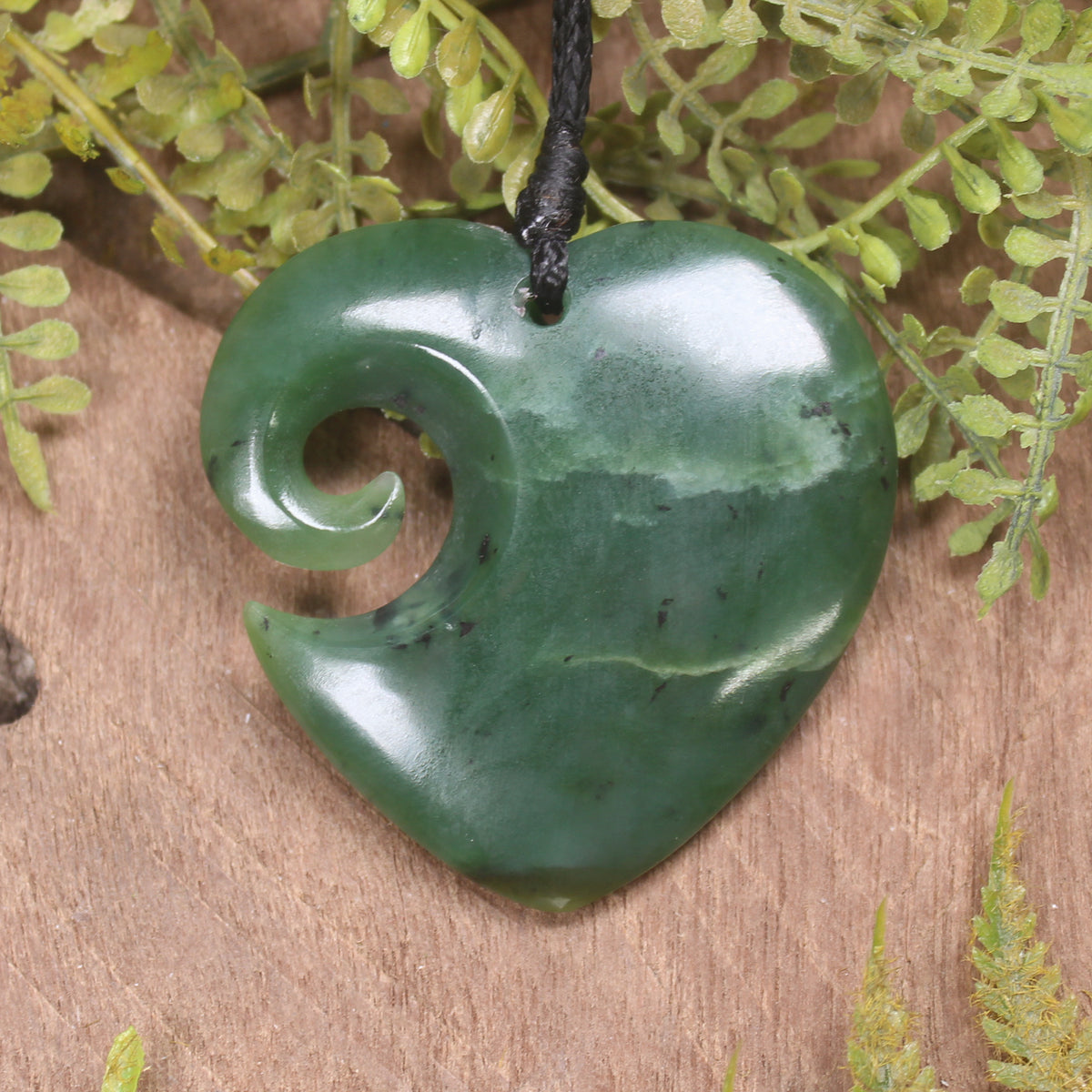 Heart with Koru carved from Hapopo Pounamu - NZ Greenstone