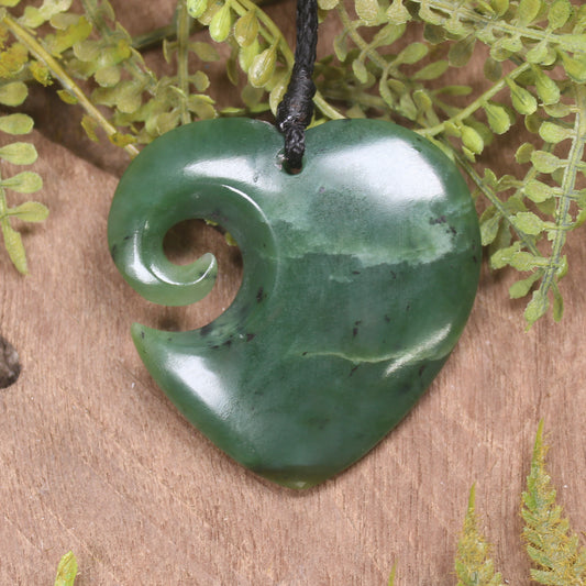Heart with Koru carved from Hapopo Pounamu - NZ Greenstone