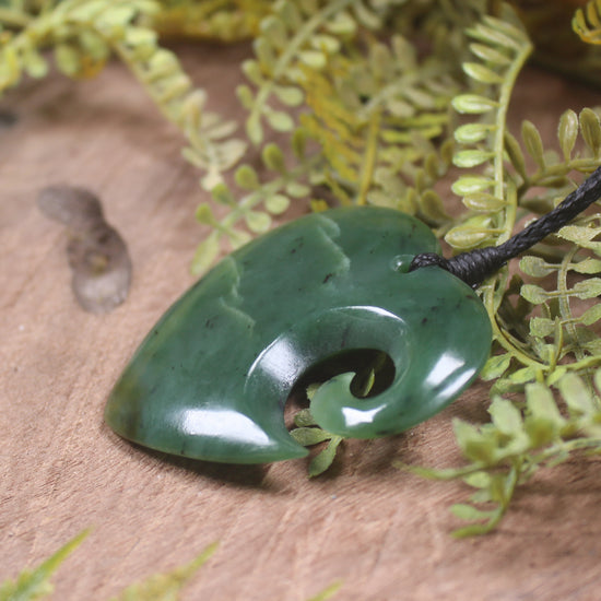 Heart with Koru carved from Hapopo Pounamu - NZ Greenstone