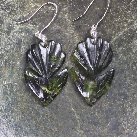 Pīwakawaka or Fantail Bird Earrings carved from Douglas Creek Pounamu - NZ Greenstone