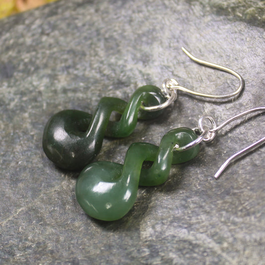 Twist Earrings carved from Kawakawa Pounamu - NZ Greenstone