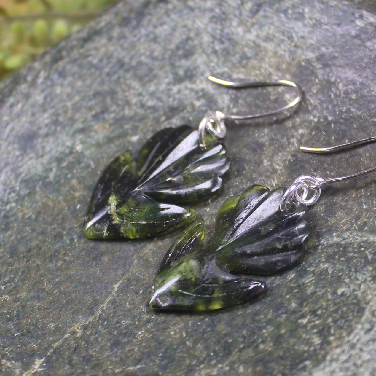 Pīwakawaka or Fantail Bird Earrings carved from Douglas Creek Pounamu - NZ Greenstone