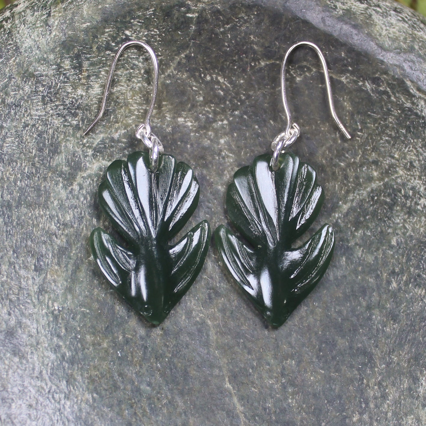 Pīwakawaka or Fantail Bird Earrings carved from Kawakawa Pounamu - NZ Greenstone