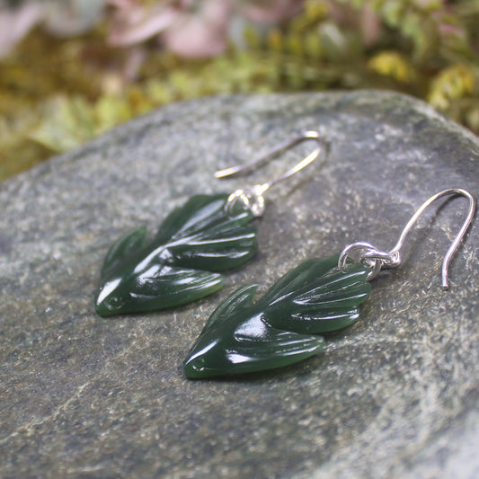 Pīwakawaka or Fantail Bird Earrings carved from Kawakawa Pounamu - NZ Greenstone