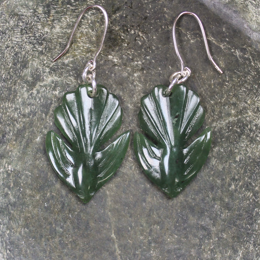 Pīwakawaka or Fantail Bird Earrings carved from Kawakawa Pounamu - NZ Greenstone