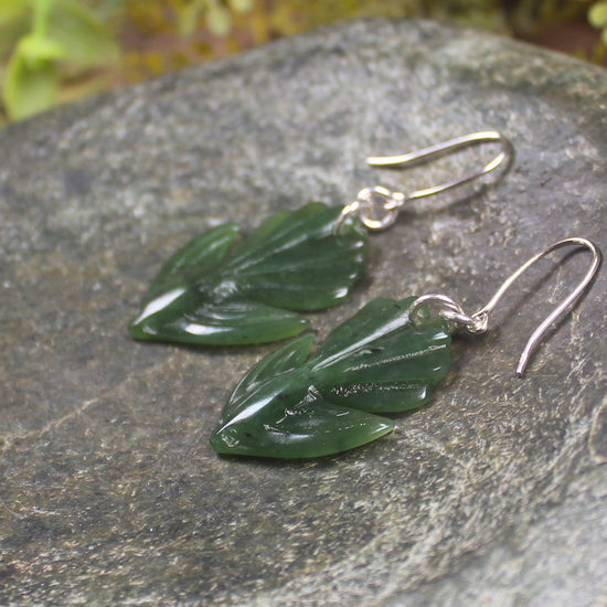 Pīwakawaka or Fantail Bird Earrings carved from Kawakawa Pounamu - NZ Greenstone