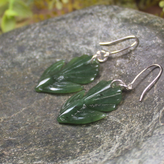 Pīwakawaka or Fantail Bird Earrings carved from Kawakawa Pounamu - NZ Greenstone