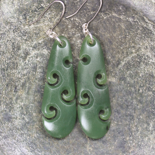 Roimata with Koru earrings carved from Hapopo Pounamu - NZ Greenstone