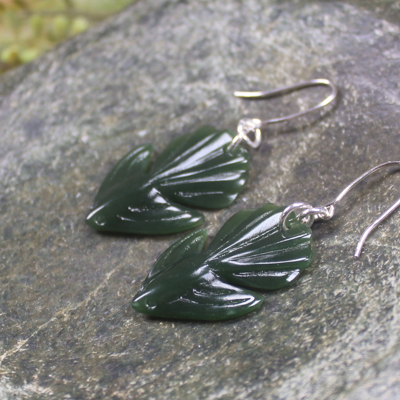Pīwakawaka or Fantail Bird Earrings carved from Kawakawa Pounamu - NZ Greenstone