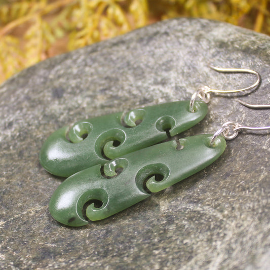Roimata with Koru earrings carved from Hapopo Pounamu - NZ Greenstone