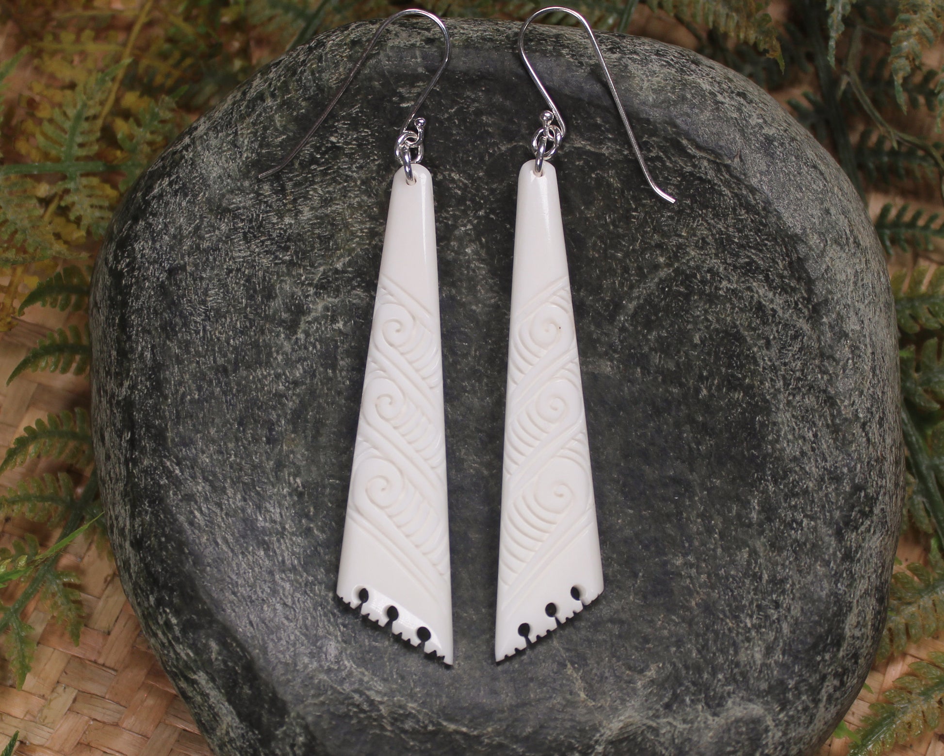 Roimata earrings carved from NZ Beef Bone