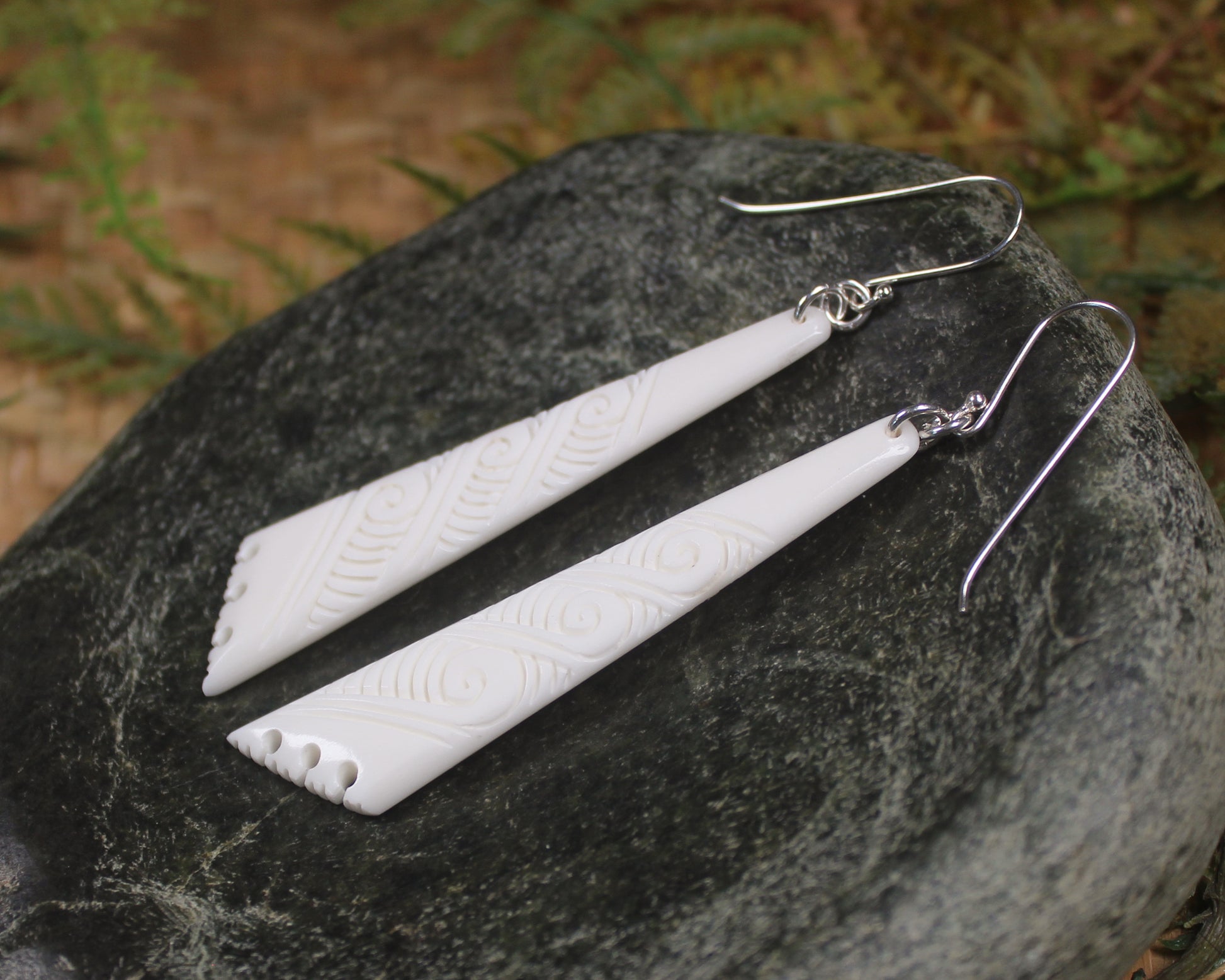 Roimata earrings carved from NZ Beef Bone